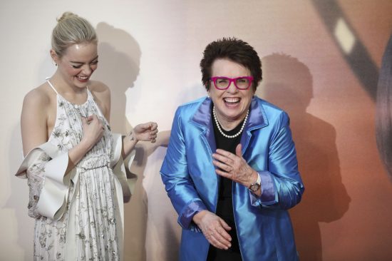 Emma Stone e Billie Jean King durante o lançamento do filme em Londres